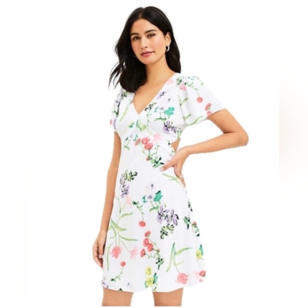 LOFT Pink and Green Flutter Sleeve V-Neck Mini Dress